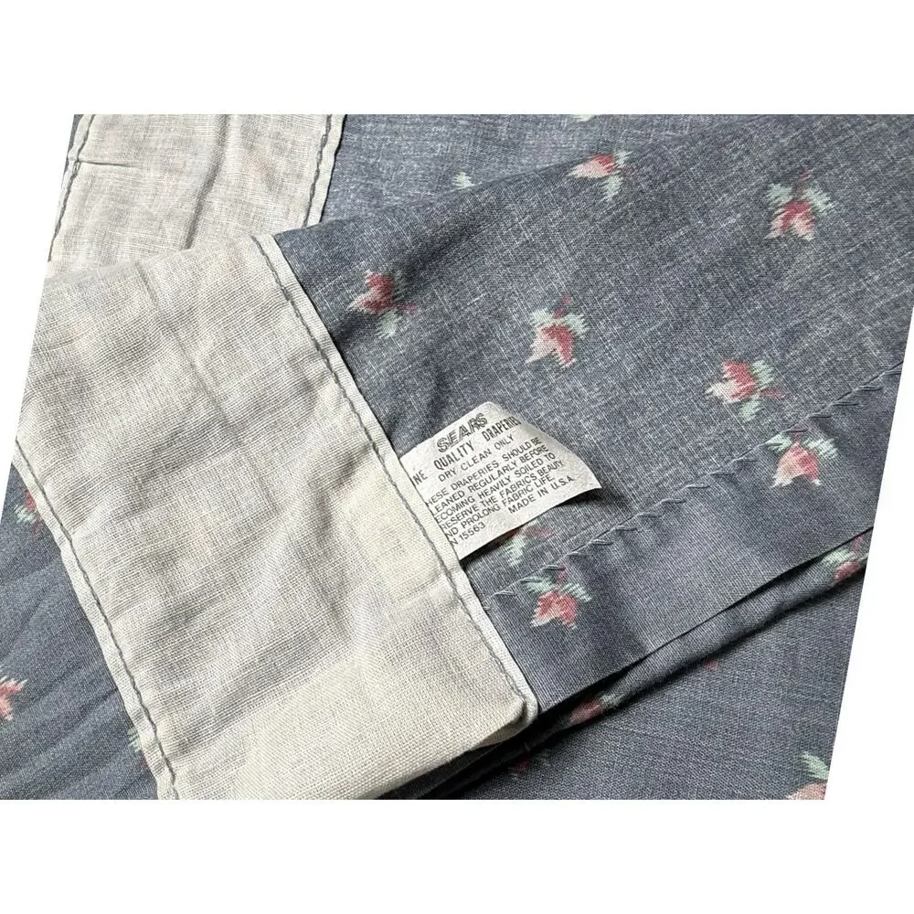 Vintage Sears Blue Floral Print Valance Short Curtain 1980s Cottage Shabby Chic